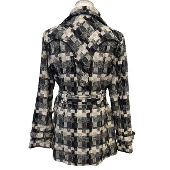 Daytrip Plaid Wool Blend Trench Coat Jacket Peacoat Belted Black Gray Cream L - Picture 6 of 12